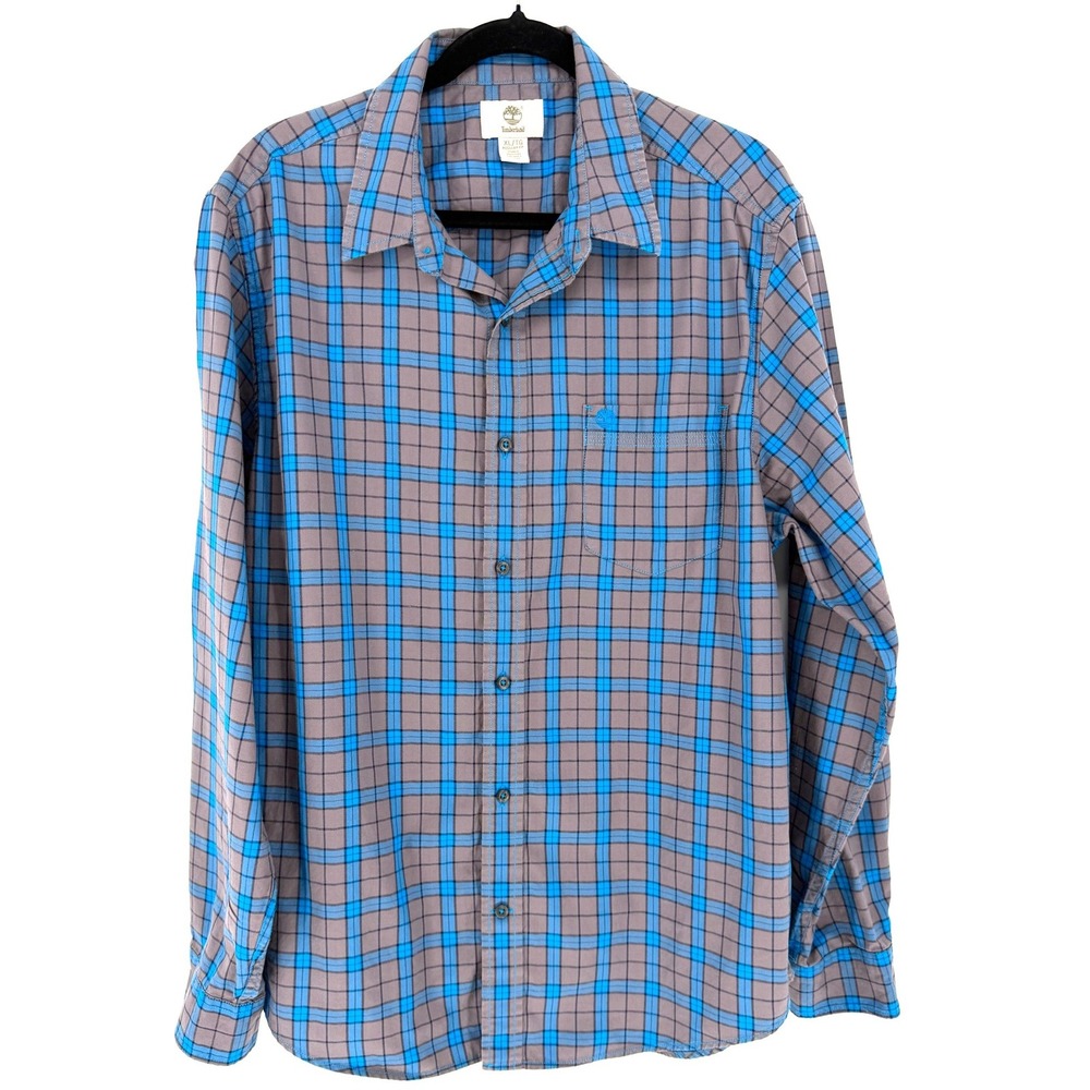 Timberland Shirt Plaid Button Down XL Blue Grey Cotton Regular Fit Gorpcore